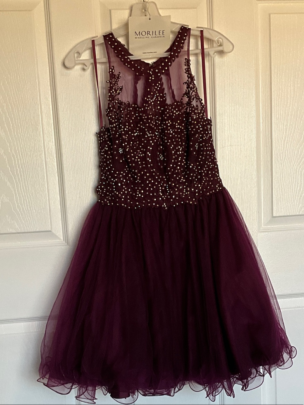 Mori Lee Girls' Wine Beaded Tulle Formal Dress